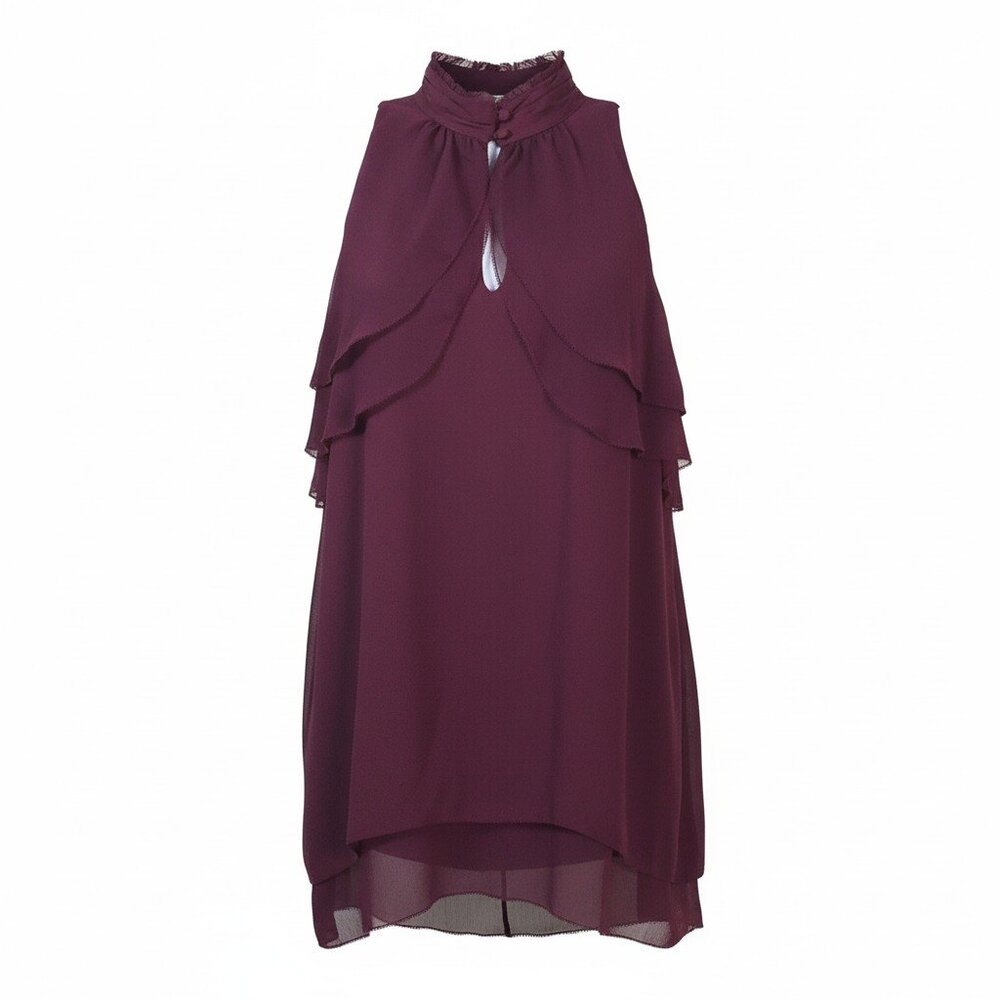 WHBM Burgundy Layered Chiffon Blouse Size 6 Sleeveless Keyhole Ruffle Top